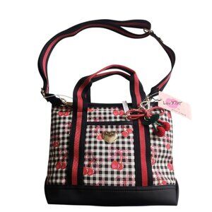 Betsey Johnson Cherry Gingham Tote Bag Black Red w/ Crossbody Strap NWT